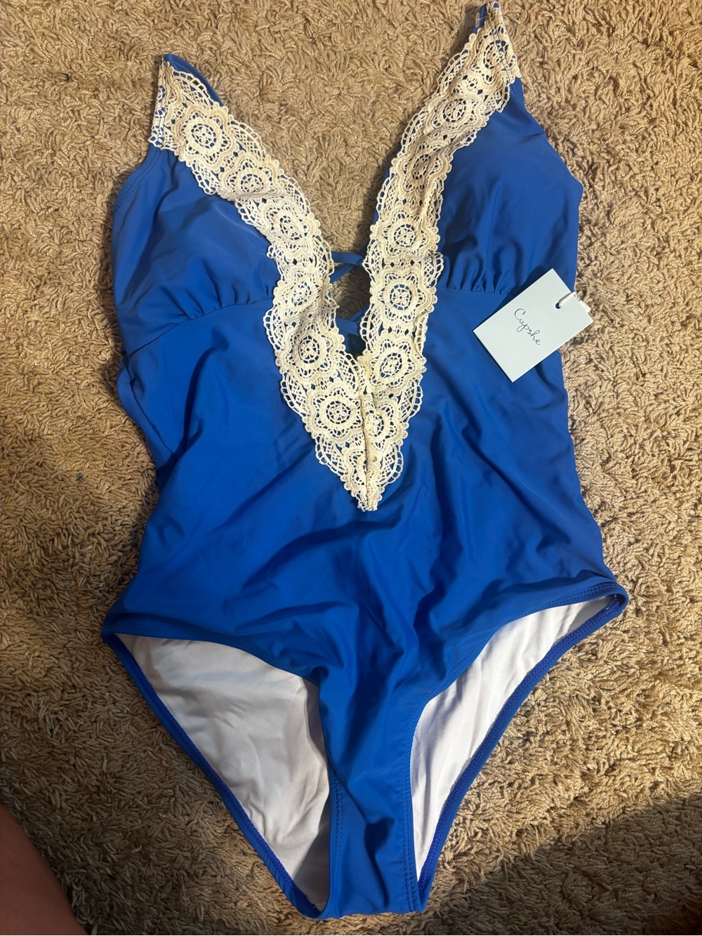 Cupshe Royal Blue One-Piece Swimsuit with Cream Lace Trim